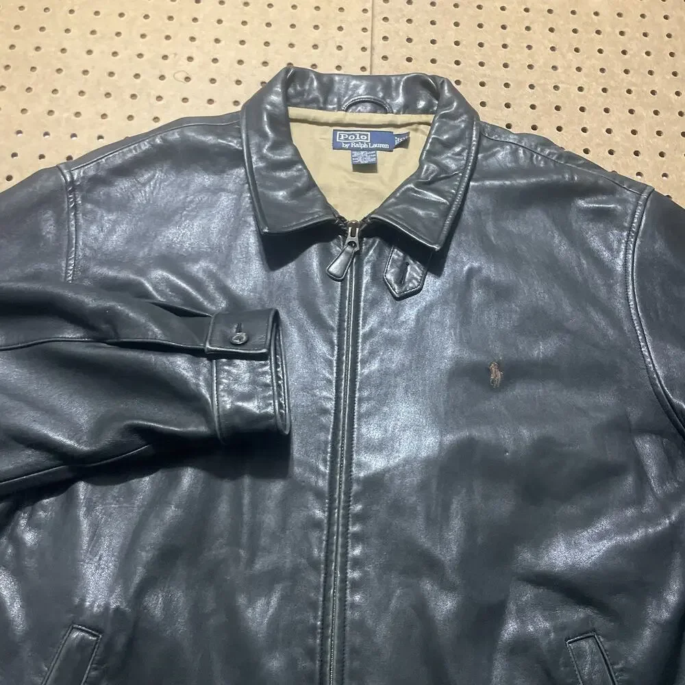 Vintage Polo Ralph Lauren Jacket Mens XXL Black Lambskin Leather Full Zip Pony